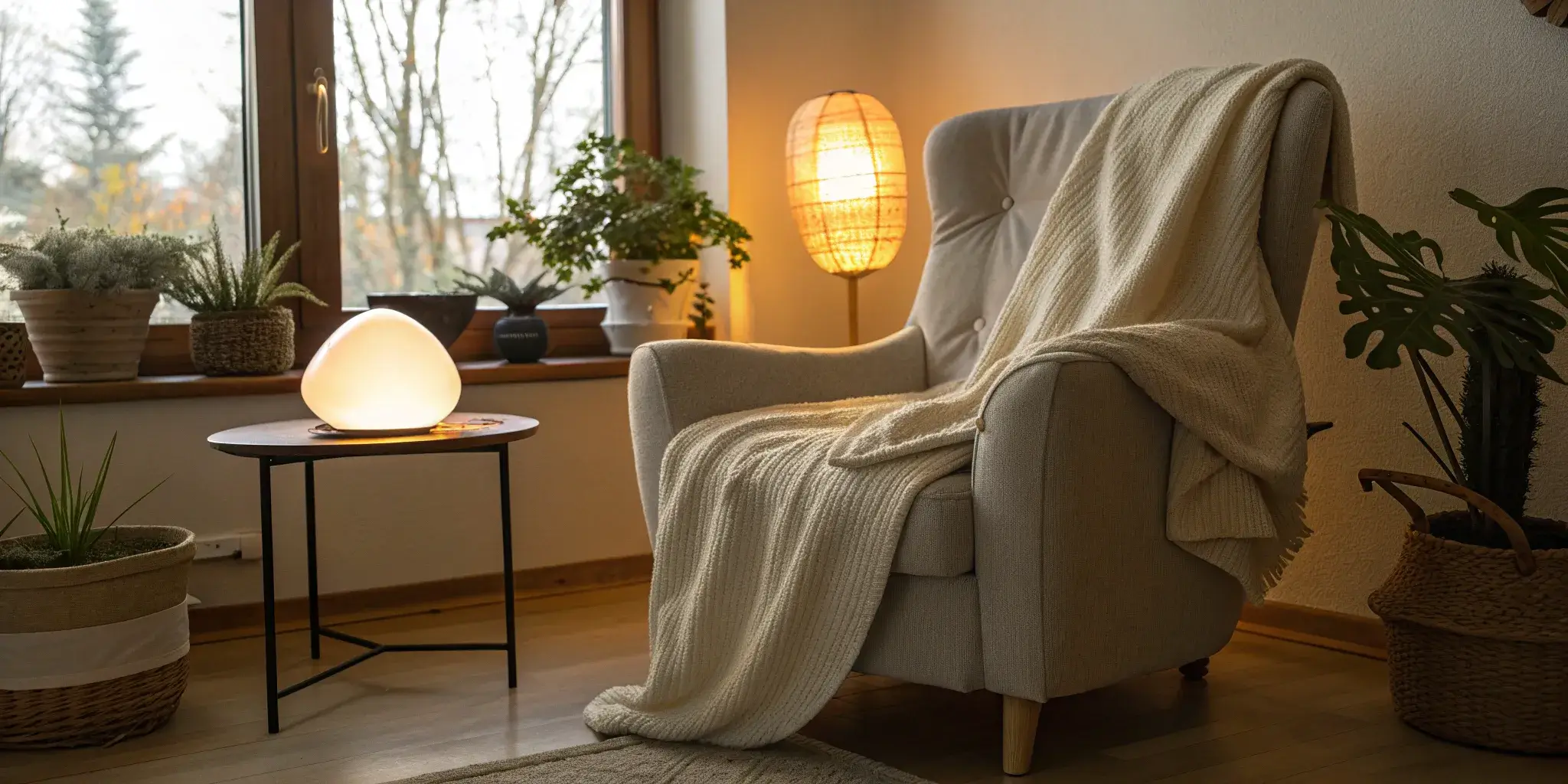 A comfortable armchair in a home, ready for treatment with a home phototherapy system.