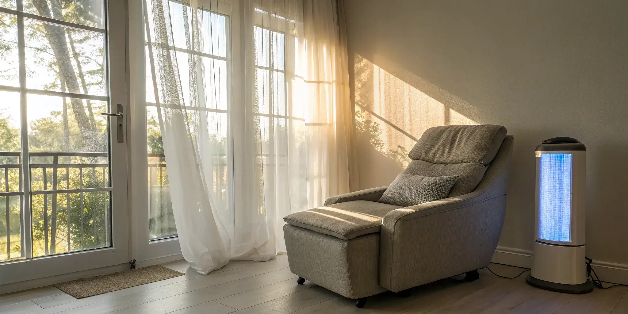 A home UVB phototherapy lamp and chair ready for a scheduled treatment session.