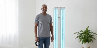 A man with deep brown skin in a gray t-shirt, holding UV safety goggles, standing beside a Phothera 600 narrowband UVB home phototherapy panel in a bright bedroom