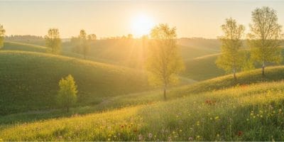Sunrise over rolling green hills with wildflowers and birch trees, warm light spreading across the meadow